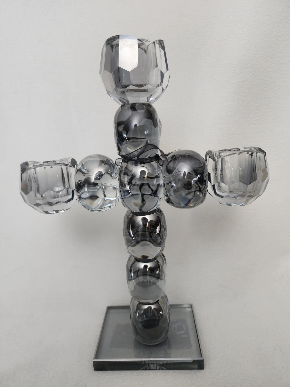 Crystal SOLID GLASS Skull Cross Candle Holder - Silver